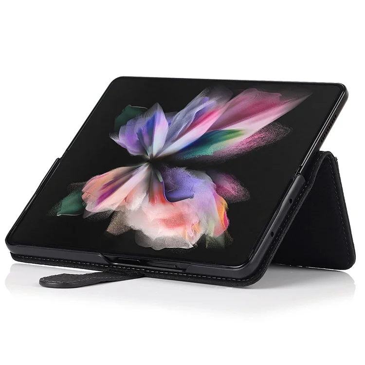 Stand Wallet Design Litchi Texture Genuine Leather + PC Phone Case Cover with Detachable Pen Slot for Samsung Galaxy Z Fold3 5G - Black