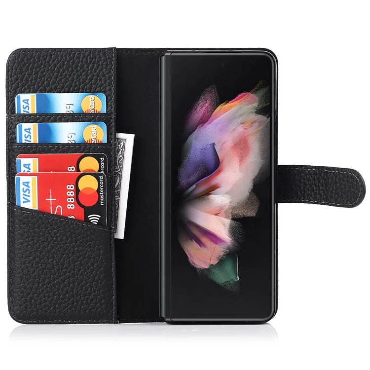 Stand Wallet Design Litchi Texture Genuine Leather + PC Phone Case Cover with Detachable Pen Slot for Samsung Galaxy Z Fold3 5G - Black