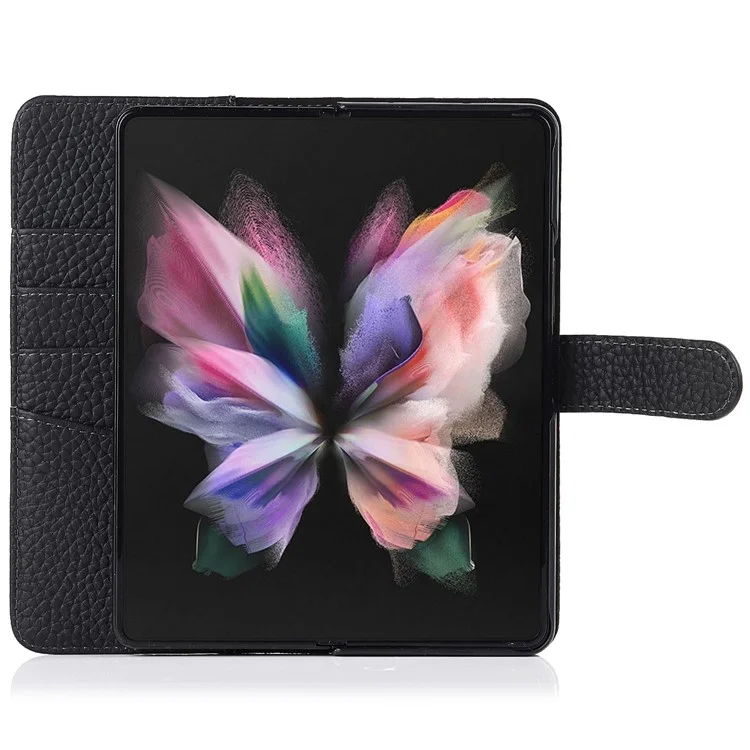 Stand Wallet Design Litchi Texture Genuine Leather + PC Phone Case Cover with Detachable Pen Slot for Samsung Galaxy Z Fold3 5G - Black