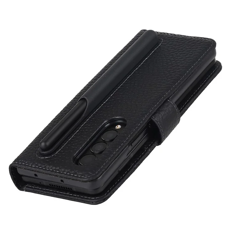 Stand Wallet Design Litchi Texture Genuine Leather + PC Phone Case Cover with Detachable Pen Slot for Samsung Galaxy Z Fold3 5G - Black