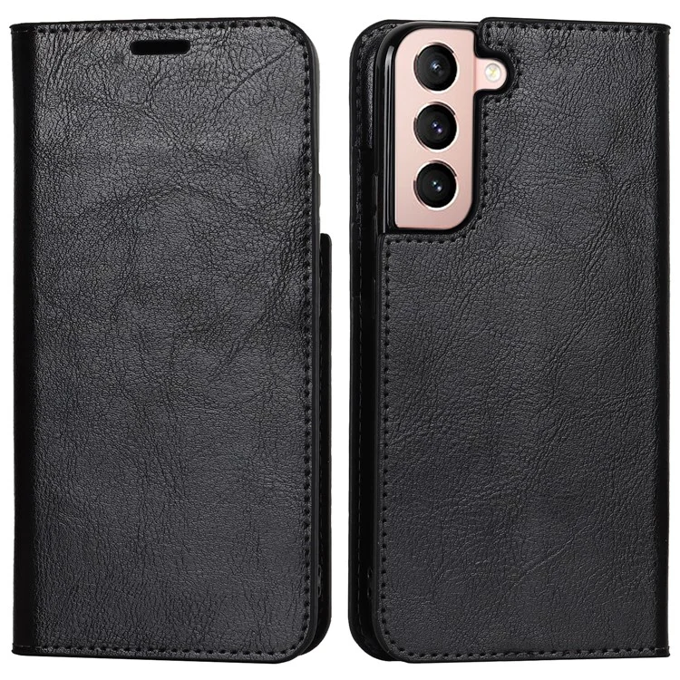 Drop Resistant Crazy Horse Texture Genuine Leather Magnetic Auto Closing Cover Stand Flip Wallet Case for Samsung Galaxy S22 5G - Schwarz