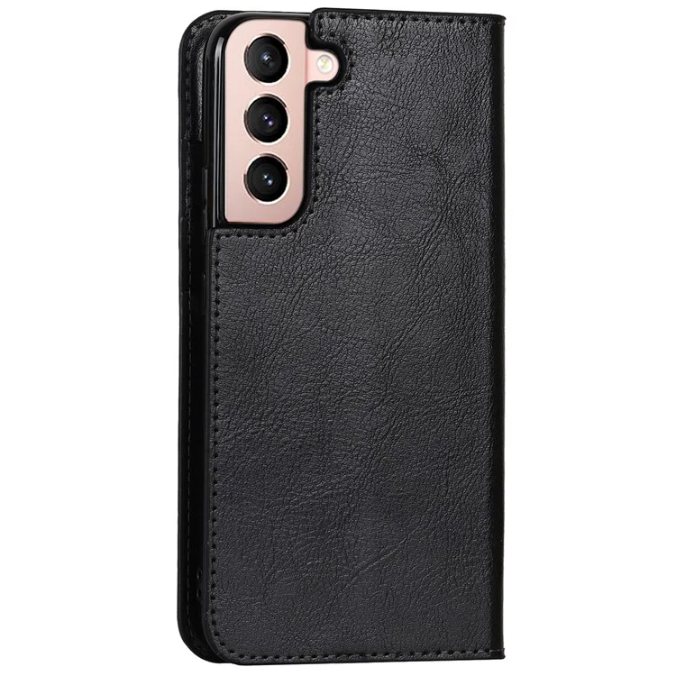 Drop Resistant Crazy Horse Texture Genuine Leather Magnetic Auto Closing Cover Stand Flip Wallet Case for Samsung Galaxy S22 5G - Schwarz