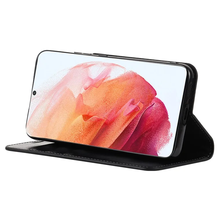 Drop Resistant Crazy Horse Texture Genuine Leather Magnetic Auto Closing Cover Stand Flip Wallet Case for Samsung Galaxy S22 5G - Schwarz