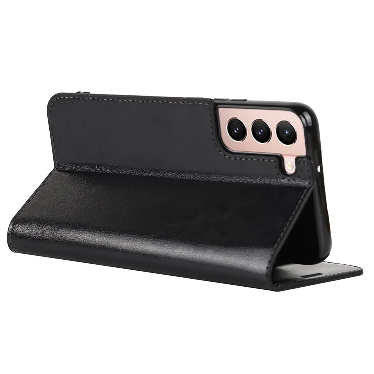 Drop Resistant Crazy Horse Texture Genuine Leather Magnetic Auto Closing Cover Stand Flip Wallet Case for Samsung Galaxy S22 5G - Schwarz