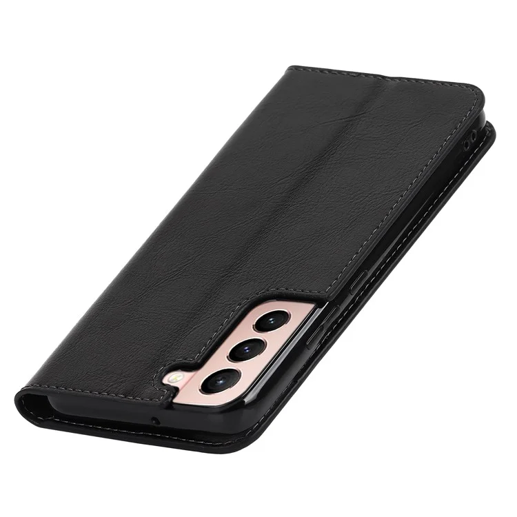 Drop Resistant Crazy Horse Texture Genuine Leather Magnetic Auto Closing Cover Stand Flip Wallet Case for Samsung Galaxy S22 5G - Schwarz
