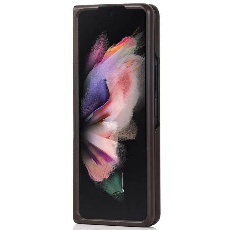 Palm Print Genuine Leather + PC Phone Case Kickstand Cover with Detachable Pen Slot for Samsung Galaxy Z Fold3 5G - Brown