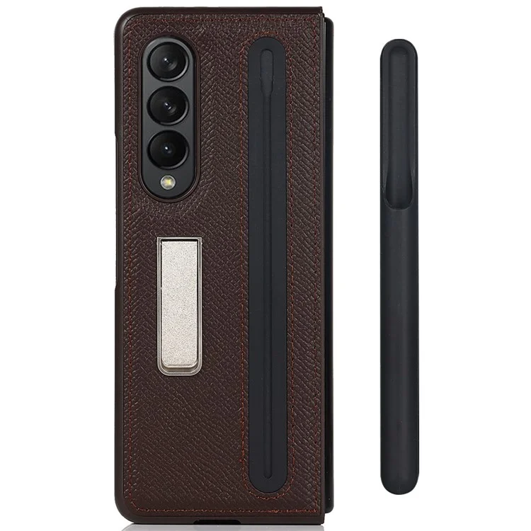 Palm Print Genuine Leather + PC Phone Case Kickstand Cover with Detachable Pen Slot for Samsung Galaxy Z Fold3 5G - Brown