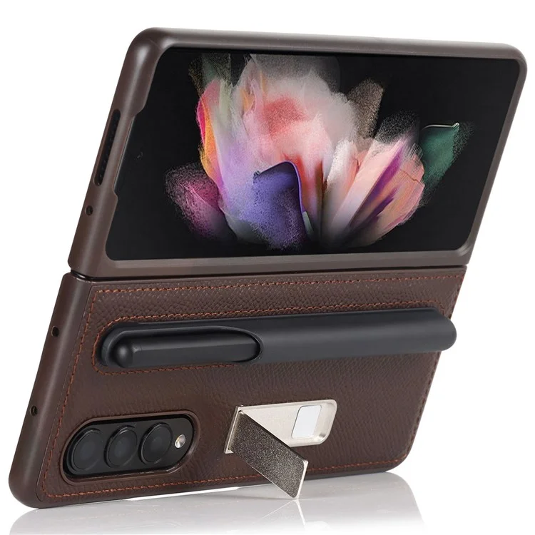 Palm Print Genuine Leather + PC Phone Case Kickstand Cover with Detachable Pen Slot for Samsung Galaxy Z Fold3 5G - Brown