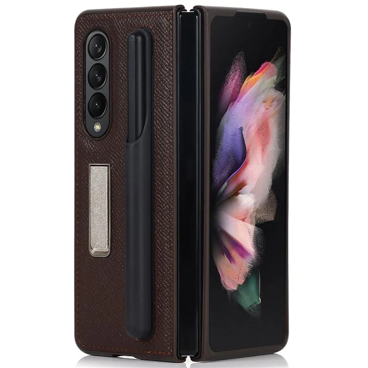 Palm Print Genuine Leather + PC Phone Case Kickstand Cover with Detachable Pen Slot for Samsung Galaxy Z Fold3 5G - Brown