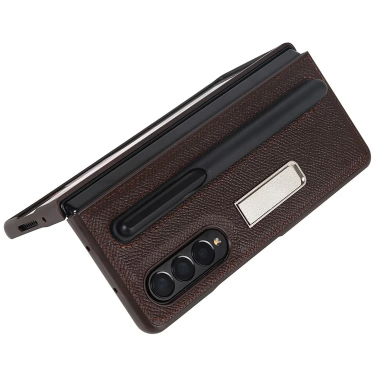 Palm Print Genuine Leather + PC Phone Case Kickstand Cover with Detachable Pen Slot for Samsung Galaxy Z Fold3 5G - Brown