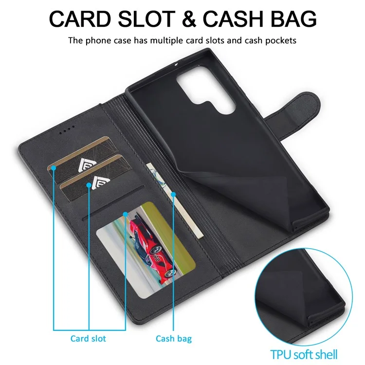 LC.IMEEKE Vollschutz-Lederetui Folio Flip Brieftasche Handyhülle für Samsung Galaxy S22 Ultra 5G - Schwarz