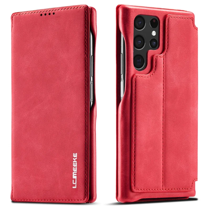 LC.IMEEKE Magnetic Aut Closing Leather Stand Case Cover with Card Slot for Samsung Galaxy S22 Ultra 5G - Red