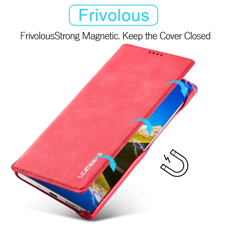 LC.IMEEKE Magnetic Aut Closing Leather Stand Case Cover with Card Slot for Samsung Galaxy S22 Ultra 5G - Red