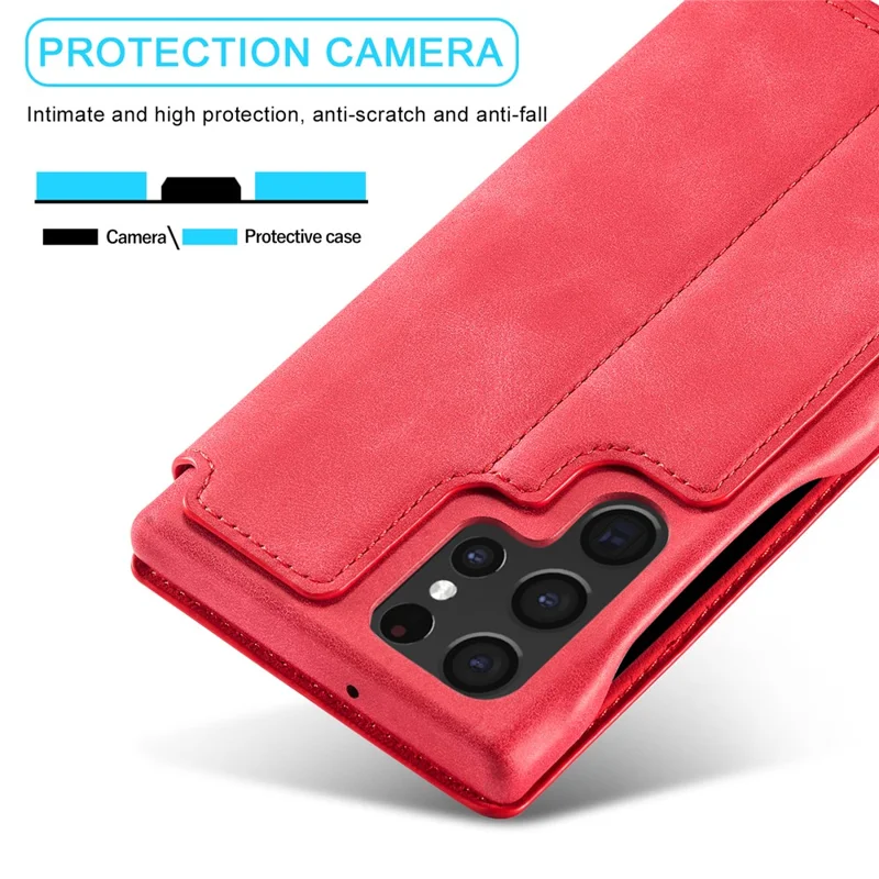 LC.IMEEKE Magnetic Aut Closing Leather Stand Case Cover with Card Slot for Samsung Galaxy S22 Ultra 5G - Red