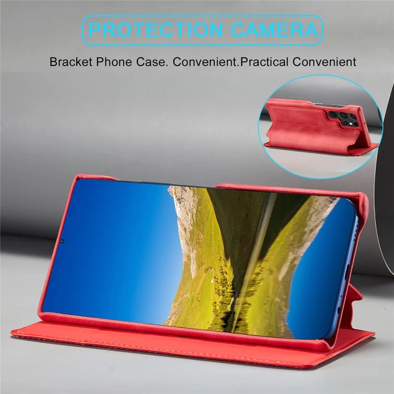 LC.IMEEKE Magnetic Aut Closing Leather Stand Case Cover with Card Slot for Samsung Galaxy S22 Ultra 5G - Red