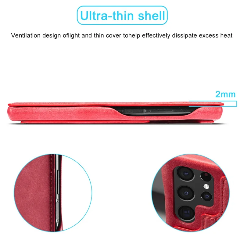 LC.IMEEKE Magnetic Aut Closing Leather Stand Case Cover with Card Slot for Samsung Galaxy S22 Ultra 5G - Red