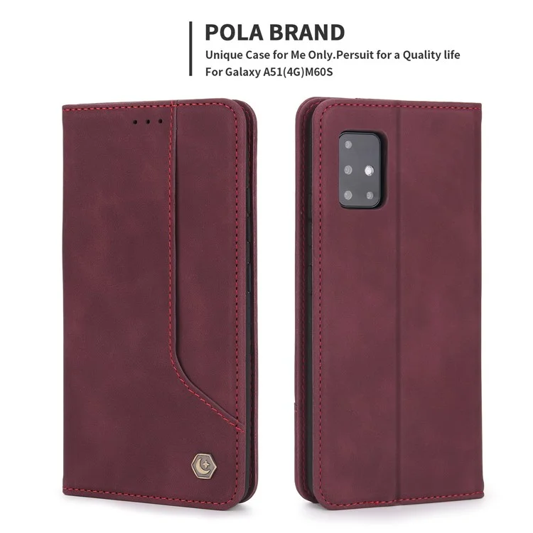 POLA 008 Serie Estilo Retro Funda de Cartera de Cuero PU Folio Flip Stand Protectora para Samsung Galaxy A51 4G SM-A515 - Vino Tinto