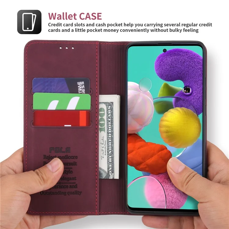 POLA 008 Serie Estilo Retro Funda de Cartera de Cuero PU Folio Flip Stand Protectora para Samsung Galaxy A51 4G SM-A515 - Vino Tinto