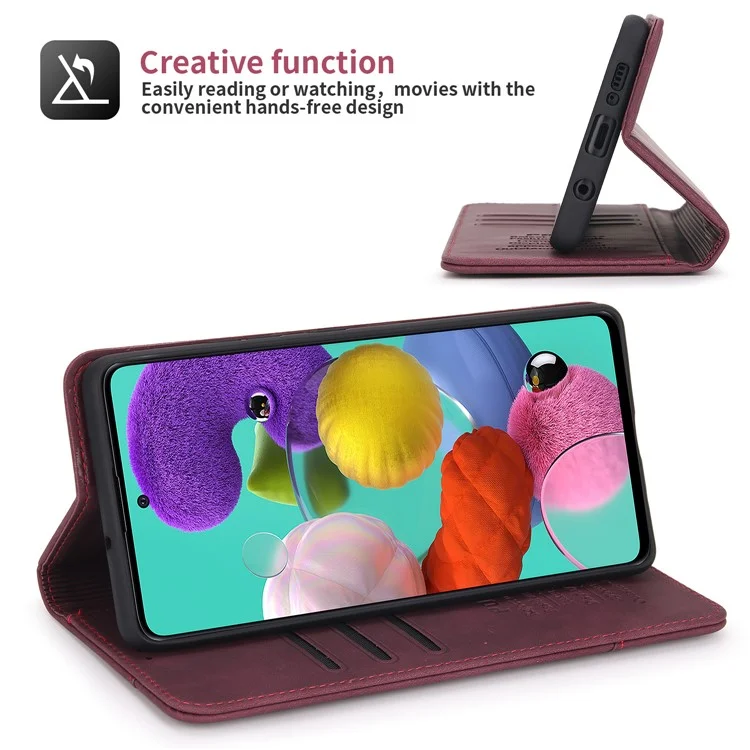 POLA 008 Serie Estilo Retro Funda de Cartera de Cuero PU Folio Flip Stand Protectora para Samsung Galaxy A51 4G SM-A515 - Vino Tinto