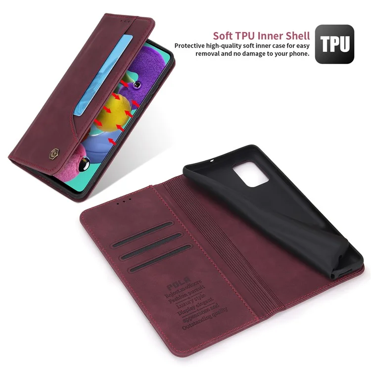 POLA 008 Serie Estilo Retro Funda de Cartera de Cuero PU Folio Flip Stand Protectora para Samsung Galaxy A51 4G SM-A515 - Vino Tinto