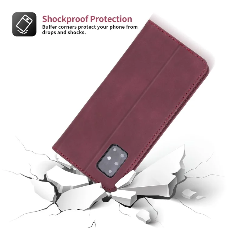 POLA 008 Serie Estilo Retro Funda de Cartera de Cuero PU Folio Flip Stand Protectora para Samsung Galaxy A51 4G SM-A515 - Vino Tinto