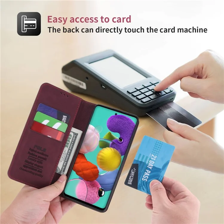 POLA 008 Serie Estilo Retro Funda de Cartera de Cuero PU Folio Flip Stand Protectora para Samsung Galaxy A51 4G SM-A515 - Vino Tinto