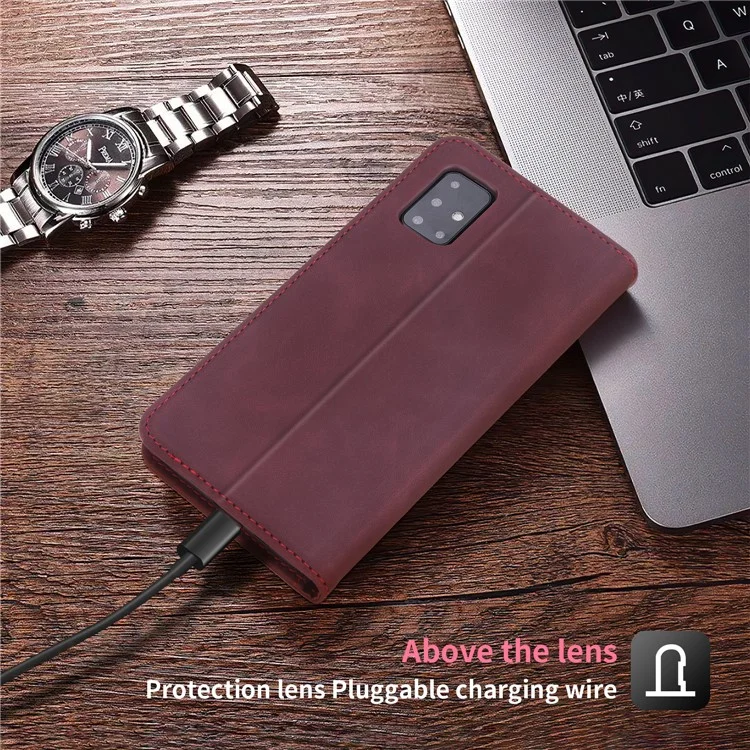 POLA 008 Serie Estilo Retro Funda de Cartera de Cuero PU Folio Flip Stand Protectora para Samsung Galaxy A51 4G SM-A515 - Vino Tinto