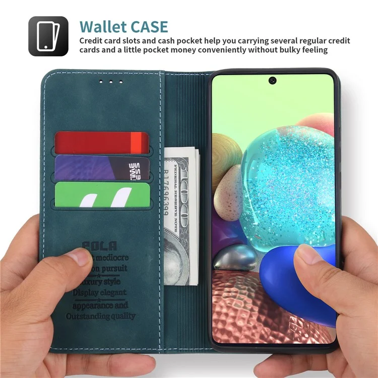 Capa carteira de couro PU magnética de fecho automático estilo retrô POLA 008 para Samsung Galaxy A71 5G SM-A716 - Azul