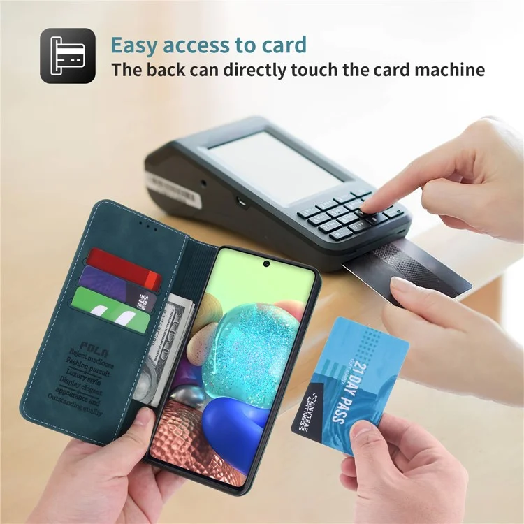 Capa carteira de couro PU magnética de fecho automático estilo retrô POLA 008 para Samsung Galaxy A71 5G SM-A716 - Azul