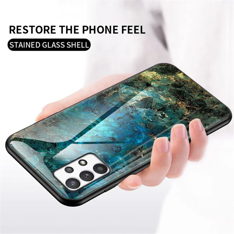 Tempered Glass + PC + TPU Hybrid Cover Fall Protection Marble Pattern Phone Case for Samsung Galaxy A53 5G - Emerald Marble