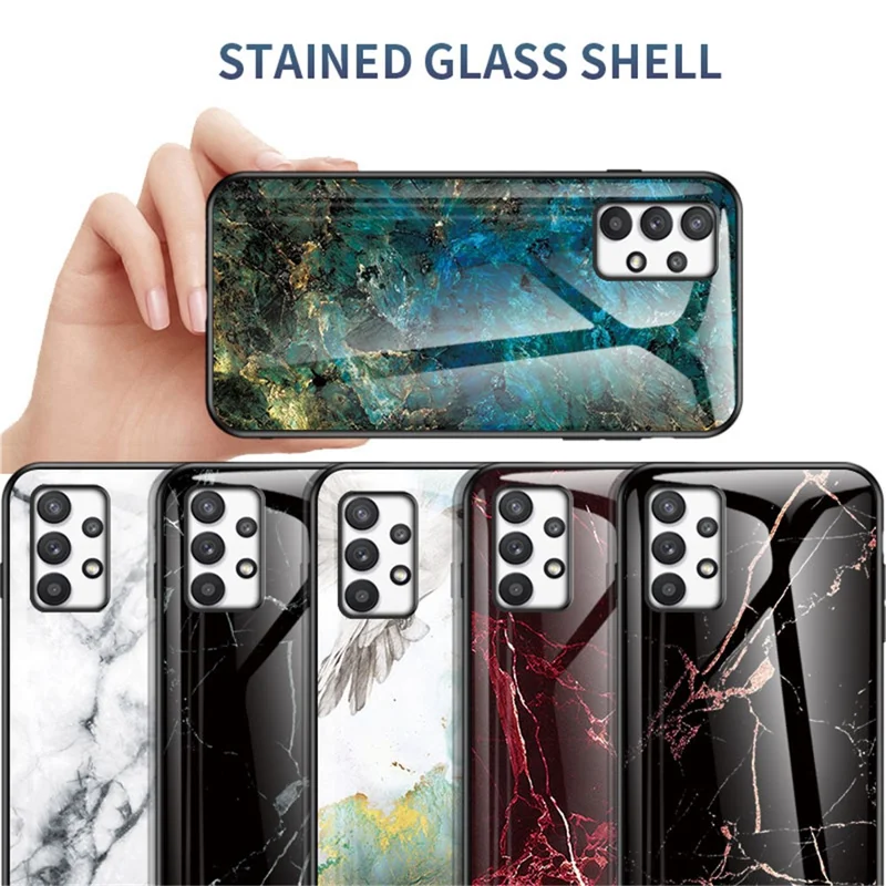 Tempered Glass + PC + TPU Hybrid Cover Fall Protection Marble Pattern Phone Case for Samsung Galaxy A53 5G - Emerald Marble