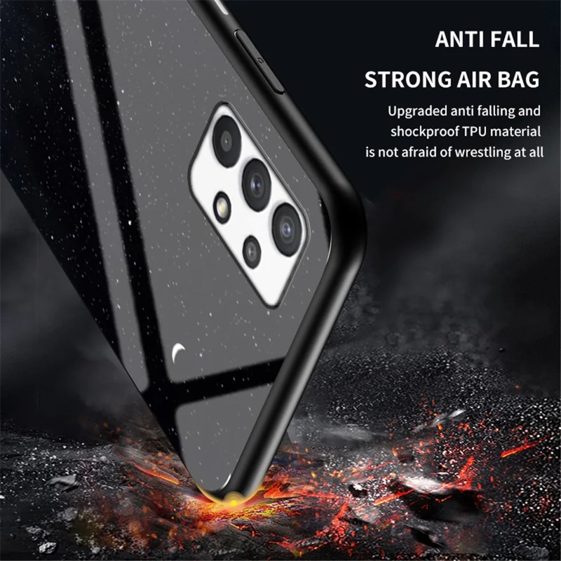 Drop-resistant Tempered Glass + PC + TPU Hybrid Shell Starry Sky Pattern Phone Case for Samsung Galaxy A53 5G - Starry Crescent Moon