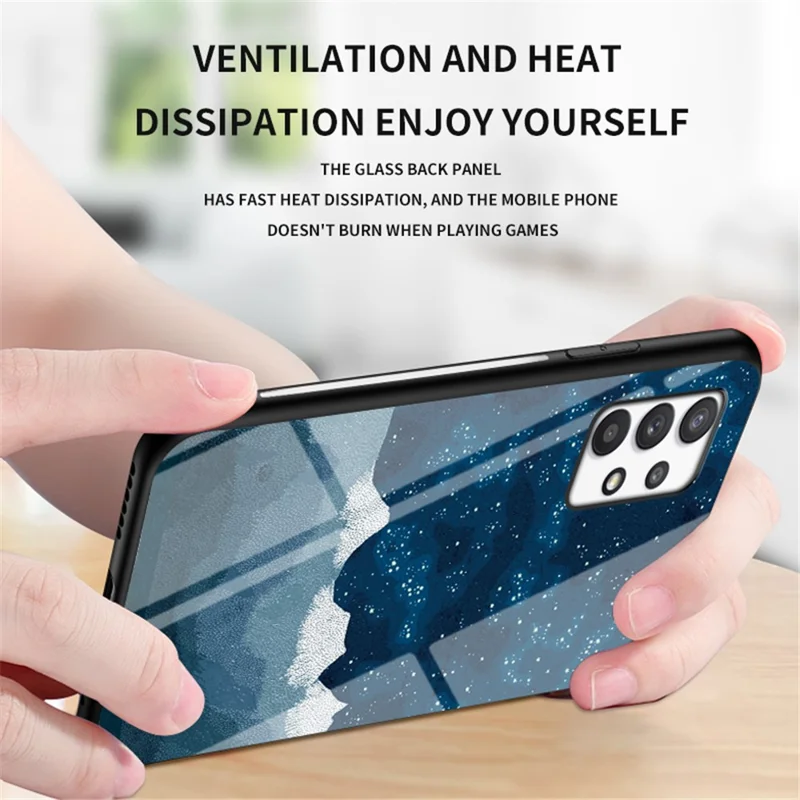 Drop-resistant Tempered Glass + PC + TPU Hybrid Shell Starry Sky Pattern Phone Case for Samsung Galaxy A53 5G - Starry Crescent Moon