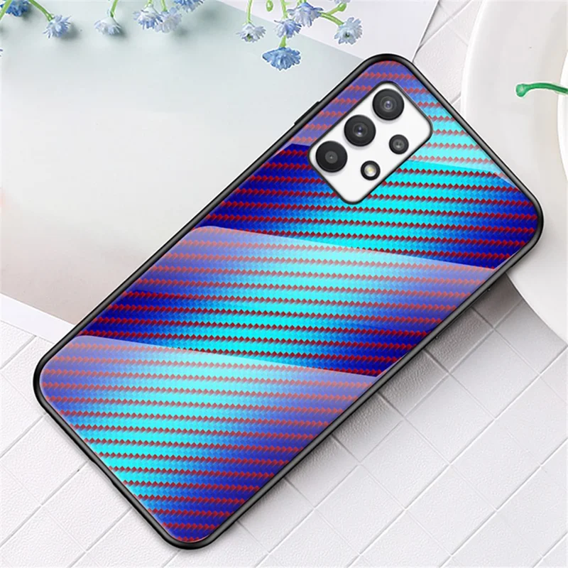 Carbon Fiber Texture Tempered Glass Back PC+TPU Cover Anti-fingerprint Scratch-resistant Phone Case for Samsung Galaxy A53 5G  - Blue
