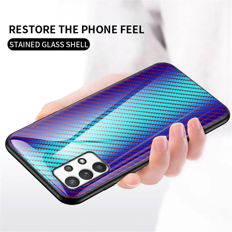 Carbon Fiber Texture Tempered Glass Back PC+TPU Cover Anti-fingerprint Scratch-resistant Phone Case for Samsung Galaxy A53 5G  - Blue