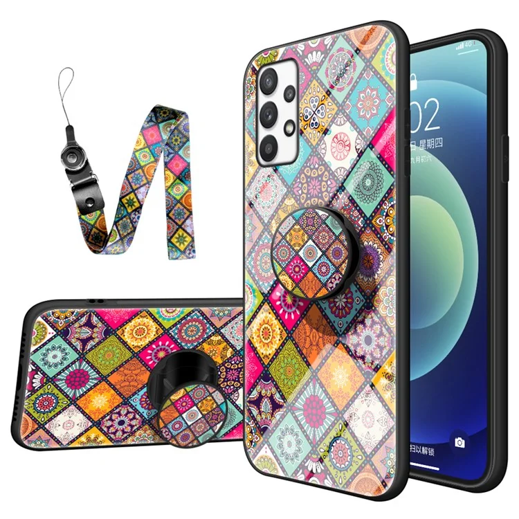 Für Samsung Galaxy A53 5G Kickstand Tempered Glass + PC + TPU Stylish Pattern Mobile Phone Case Shell mit Lanyard - Farbmuster