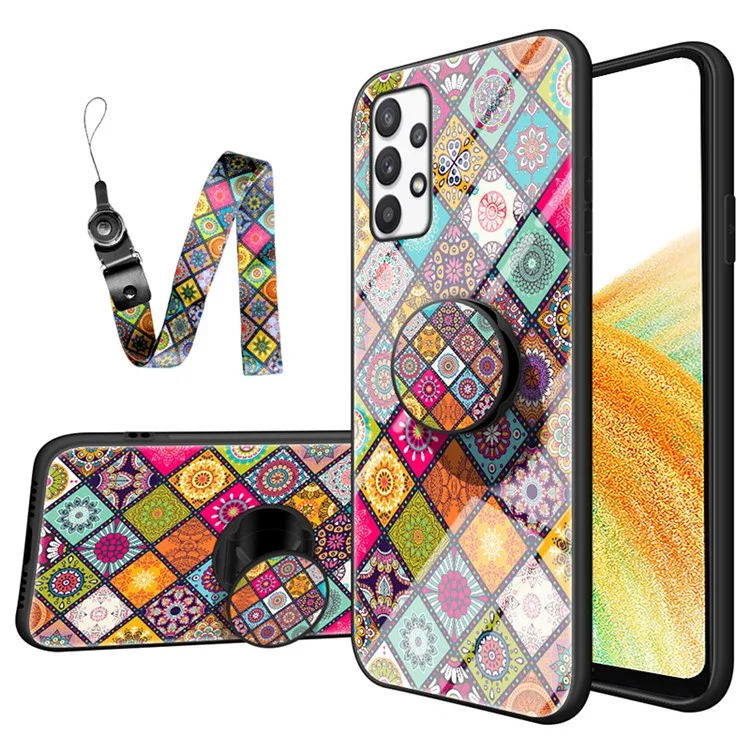 Para Samsung Galaxy A33 5G Stylish Pattern Kickstand Tempered Glass + PC + TPU Shockproof Phone Case Cover with Lanyard - Color Pattern
