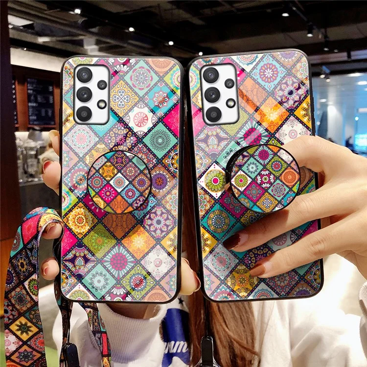 Para Samsung Galaxy A33 5G Stylish Pattern Kickstand Tempered Glass + PC + TPU Shockproof Phone Case Cover with Lanyard - Color Pattern