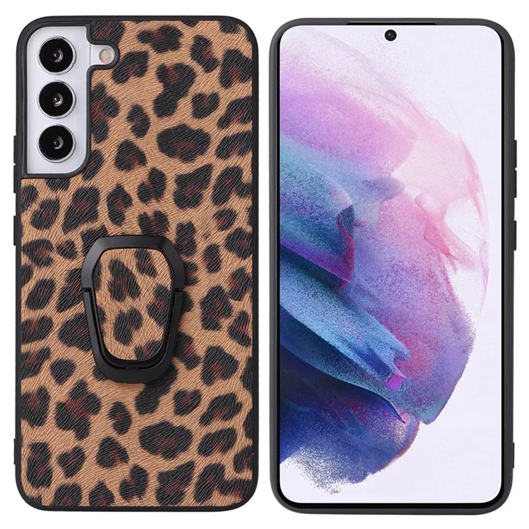 Padrão Texturizado Elegante Design com Suporte Lateral Caso Híbrido de Couro PU+PC+TPU para Samsung Galaxy S22 5G - Leopardo/Marrom Escuro