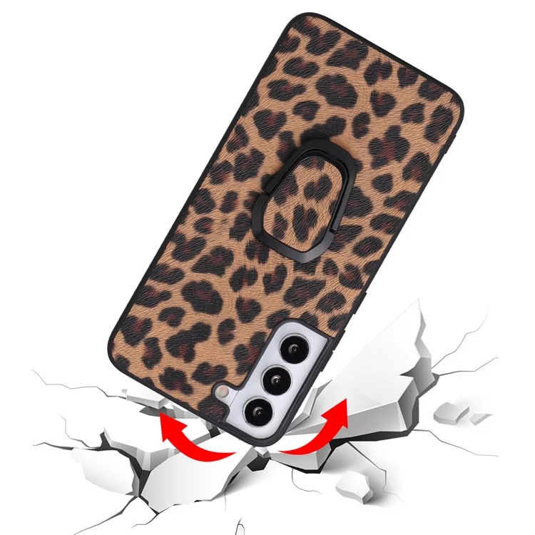 Padrão Texturizado Elegante Design com Suporte Lateral Caso Híbrido de Couro PU+PC+TPU para Samsung Galaxy S22 5G - Leopardo/Marrom Escuro