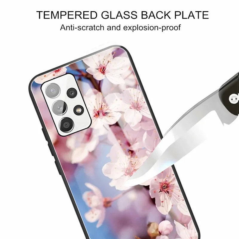 Pattern Printing Anti-Scratch Tempered Glass Back Soft TPU Frame Shock-Absorption Phone Case for Samsung Galaxy A53 5G - Peach Blossom