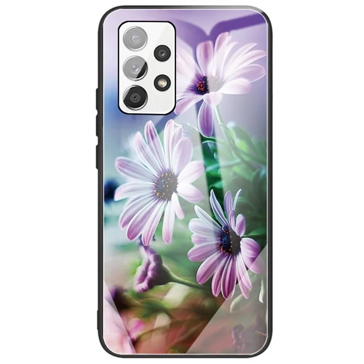 Hard Tempered Glass Shell Pattern Printing Back with TPU Frame Anti-Scratch Protective Cover for Samsung Galaxy A33 5G - Purple Chrysanthemum