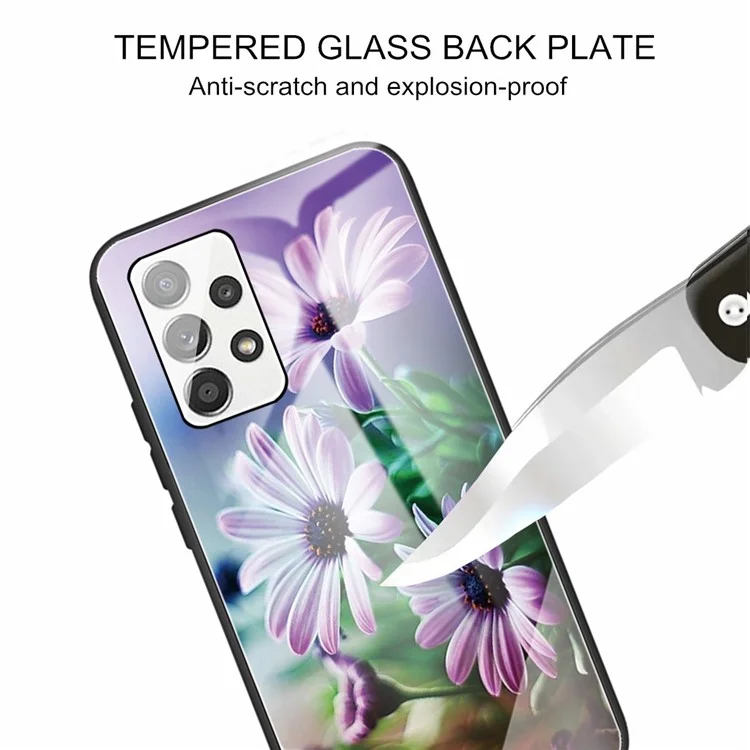 Hard Tempered Glass Shell Pattern Printing Back with TPU Frame Anti-Scratch Protective Cover for Samsung Galaxy A33 5G - Purple Chrysanthemum