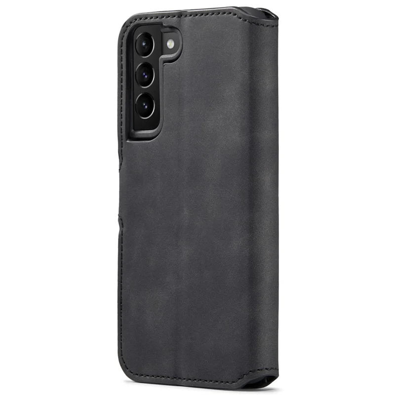 DG.MING Retro Leather Case Anti-drop Well-protected Wallet Stand Phone Cover for Samsung Galaxy S22+ 5G - Black