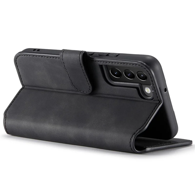 DG.MING Retro Leather Case Anti-drop Well-protected Wallet Stand Phone Cover for Samsung Galaxy S22+ 5G - Black