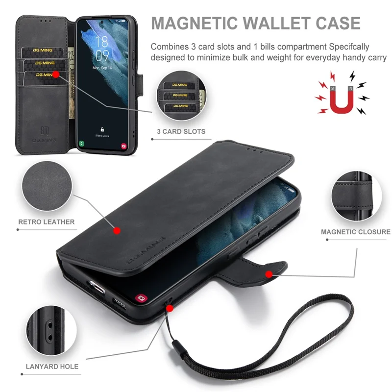 DG.MING Retro Leather Case Anti-drop Well-protected Wallet Stand Phone Cover for Samsung Galaxy S22+ 5G - Black