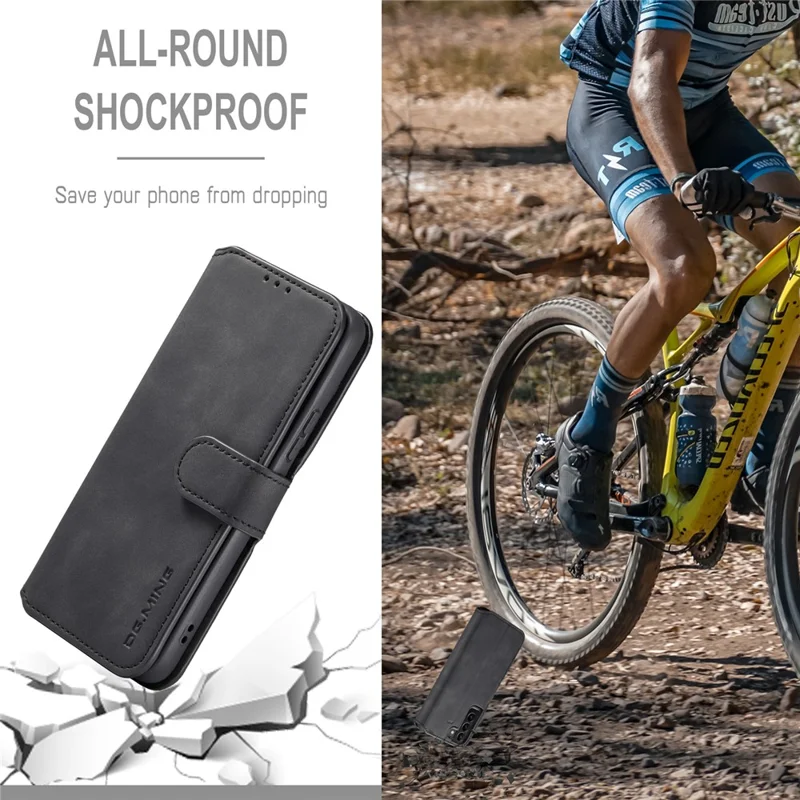 DG.MING Retro Leather Case Anti-drop Well-protected Wallet Stand Phone Cover for Samsung Galaxy S22+ 5G - Black