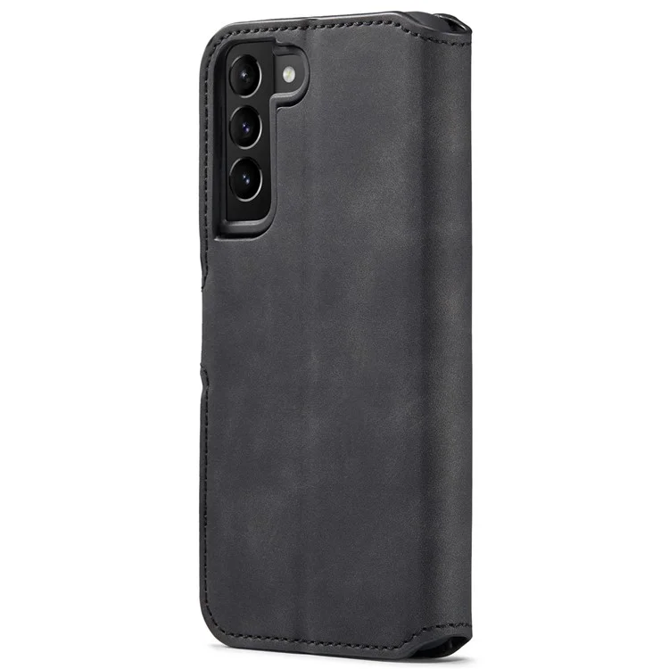 DG.MING All-inclusive Protection Retro Style Phone Case Stand Wallet PU Leather Cover for Samsung Galaxy S22 5G - Schwarz