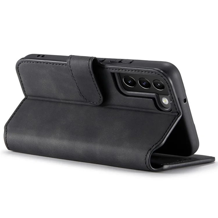 DG.MING All-inclusive Protection Retro Style Phone Case Stand Wallet PU Leather Cover for Samsung Galaxy S22 5G - Schwarz