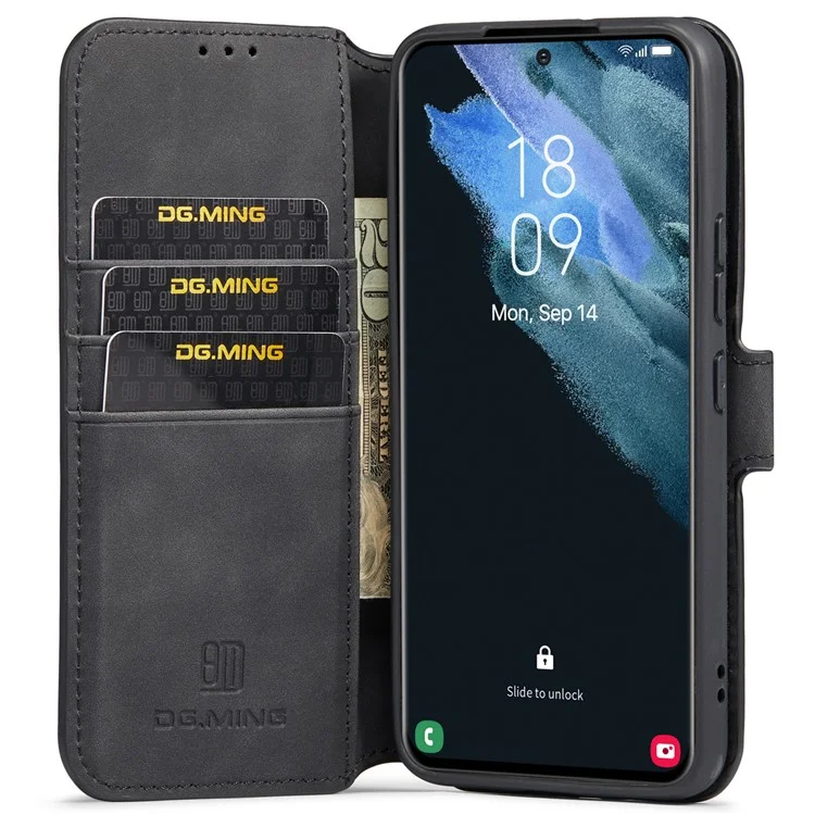 DG.MING All-inclusive Protection Retro Style Phone Case Stand Wallet PU Leather Cover for Samsung Galaxy S22 5G - Schwarz